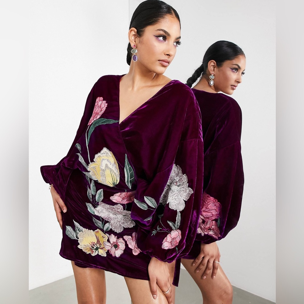 ASOS EDITION velvet wrap mini dress in dahlia floral embroidery in wine size 12
